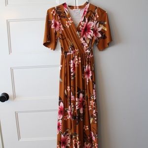 Orange Maxi Dress with Flower Pattern